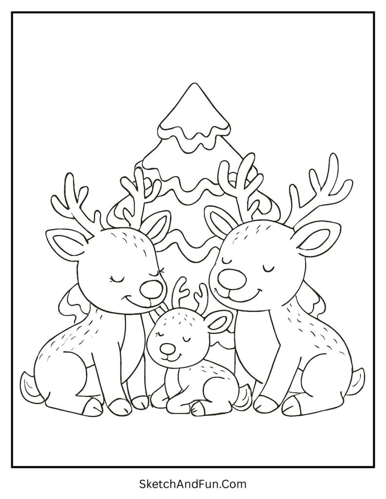 Reindeer family cuddling by pine tree – reindeer family coloring page