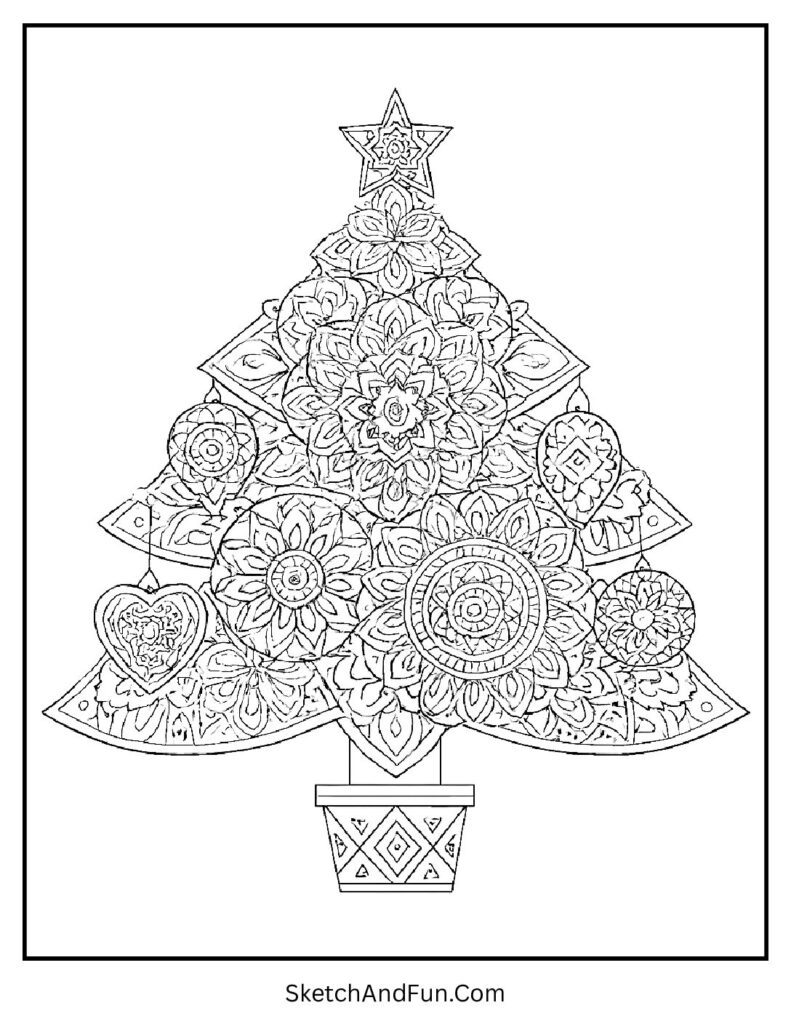 Pattern-filled festive tree for christmas tree mandala coloring page.