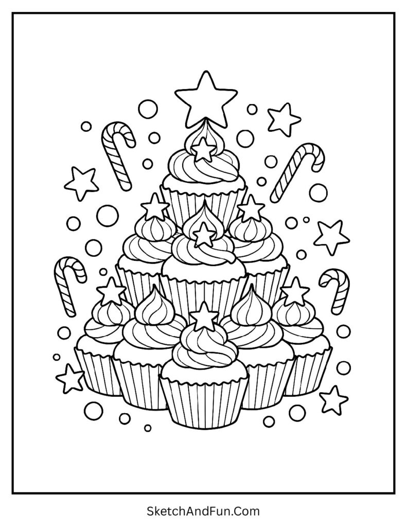 Cupcake shaped tree tower for christmas tree coloring for kindergarten.