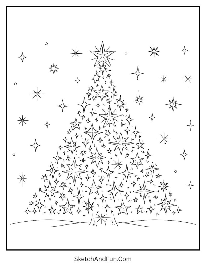 Tree made of shining stars for blank christmas tree coloring template.