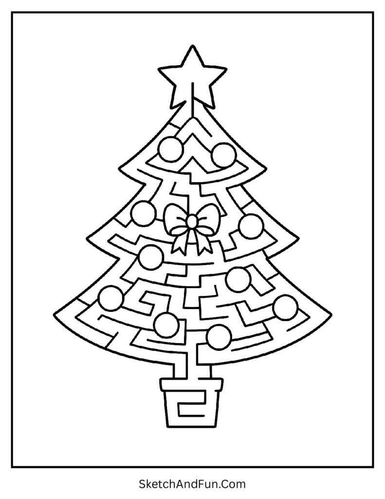 Tree-shaped maze design for christmas tree coloring & cut-out pages.