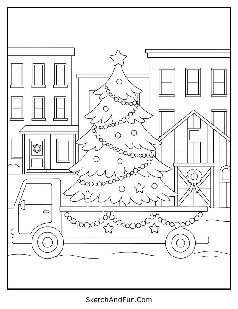 Parade float carrying bright tree for printable christmas tree coloring book pdf.