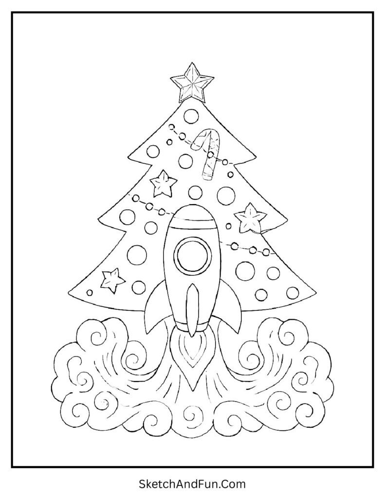 Rocket-shaped festive tree for christmas tree zentangle coloring page.