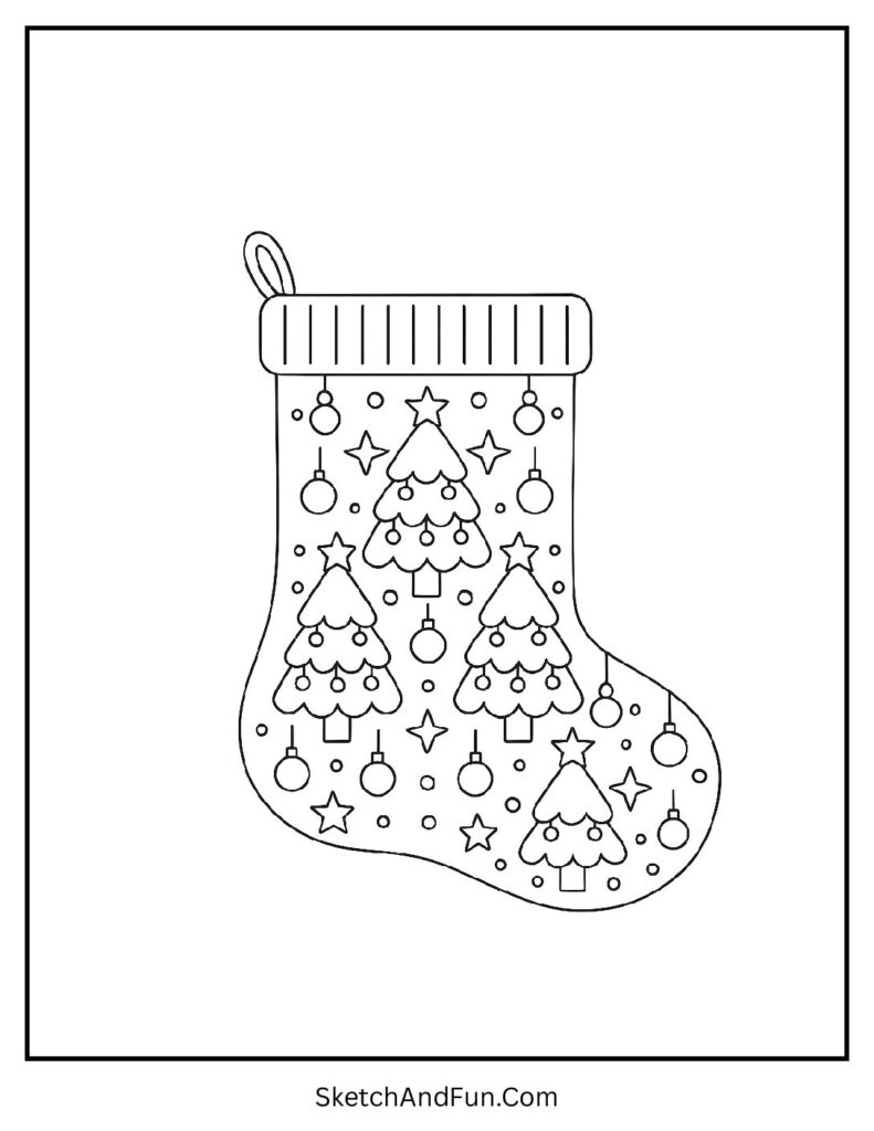Christmas Tree Stocking – Christmas stocking coloring pages free pdf with ornaments and tiny trees.