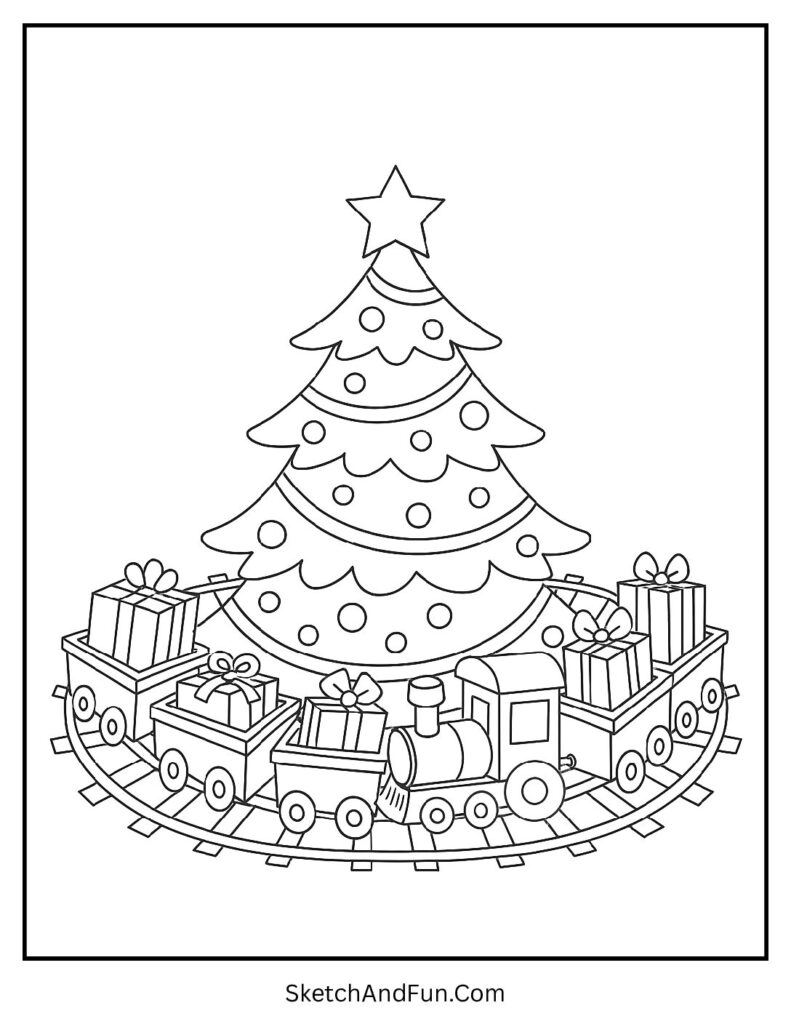 Train circling tree with gifts for christmas tree dot to dot coloring page.