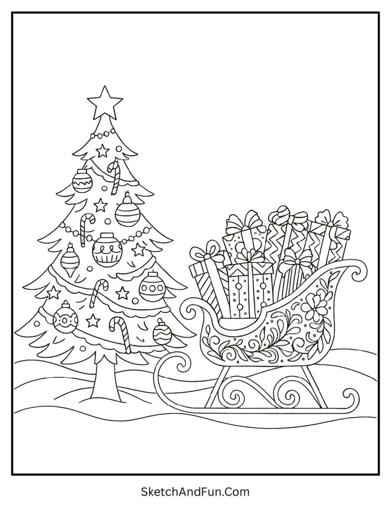 Santa’s sleigh beside glowing tree for christmas tree and ornament coloring pages.