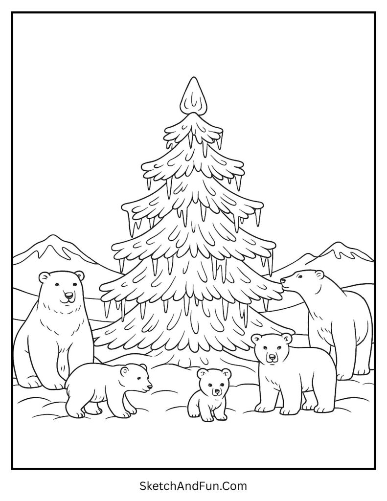 Polar bears near icy decorated tree for christmas tree coloring page free pdf.