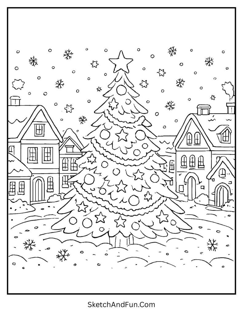 Village square with tall tree for large christmas tree coloring pages.