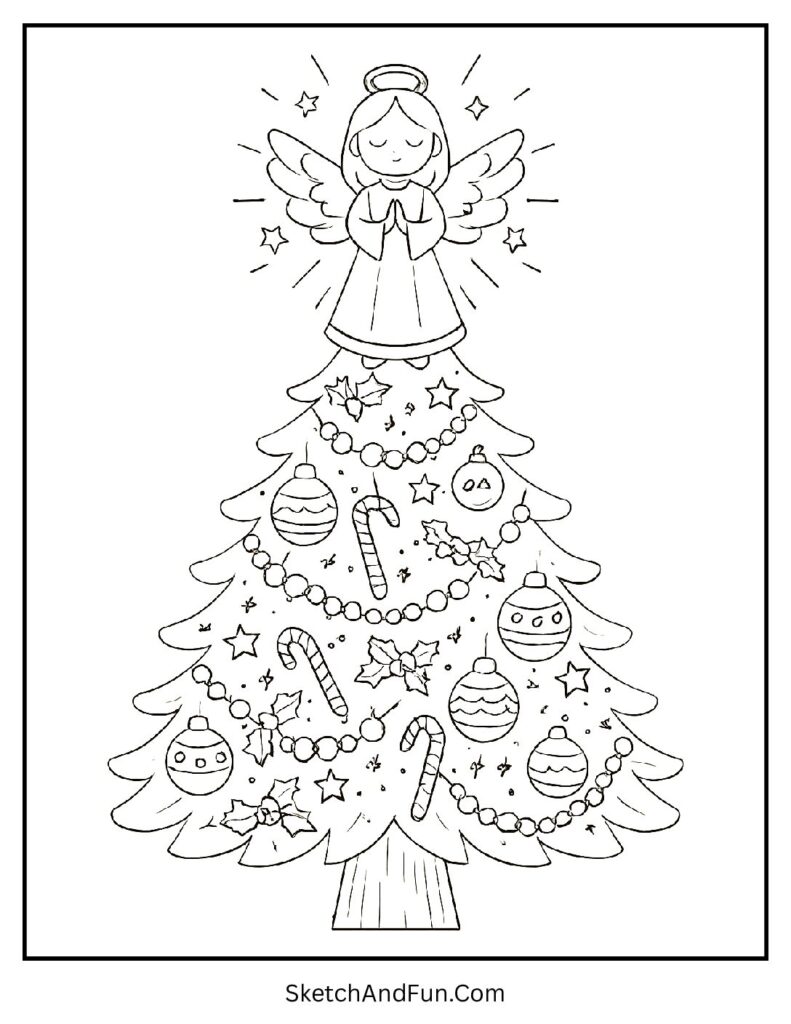 Angel topper on shining tree for decorated christmas tree coloring page.