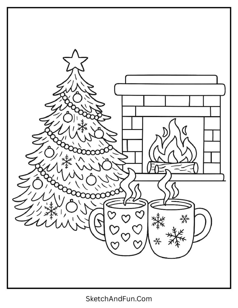 Living room with hot cocoa by tree for christmas tree coloring page designs.