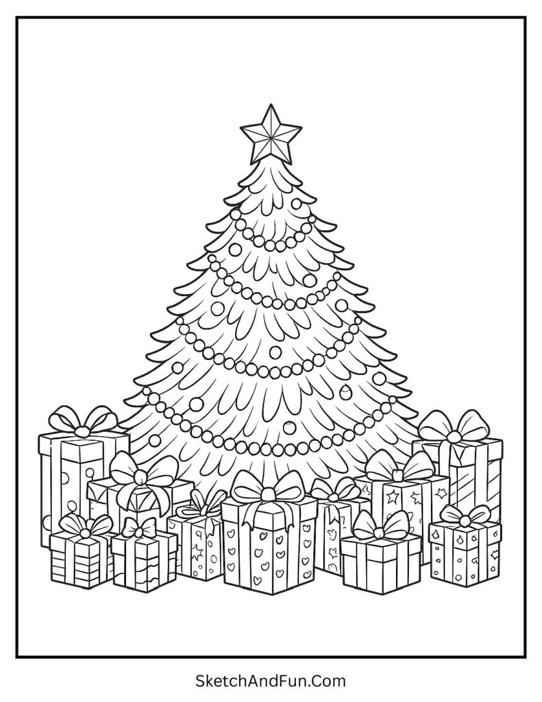 Tree surrounded by many presents for christmas tree coloring pages with presents.