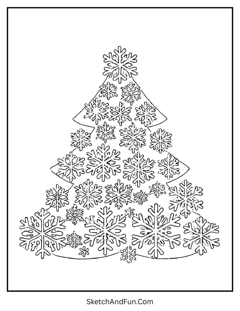Tree filled with snowflakes for christmas tree outline coloring page.