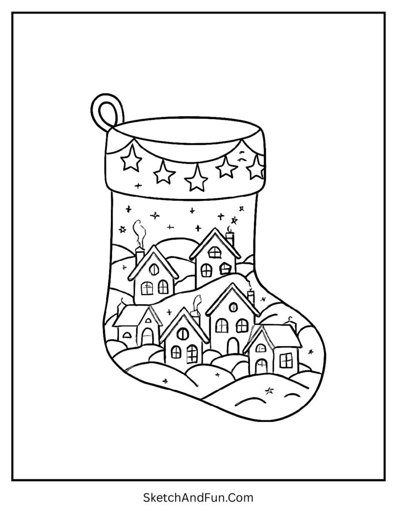 Christmas Village Stocking – Christmas stocking coloring page for preschool showing snowy village.