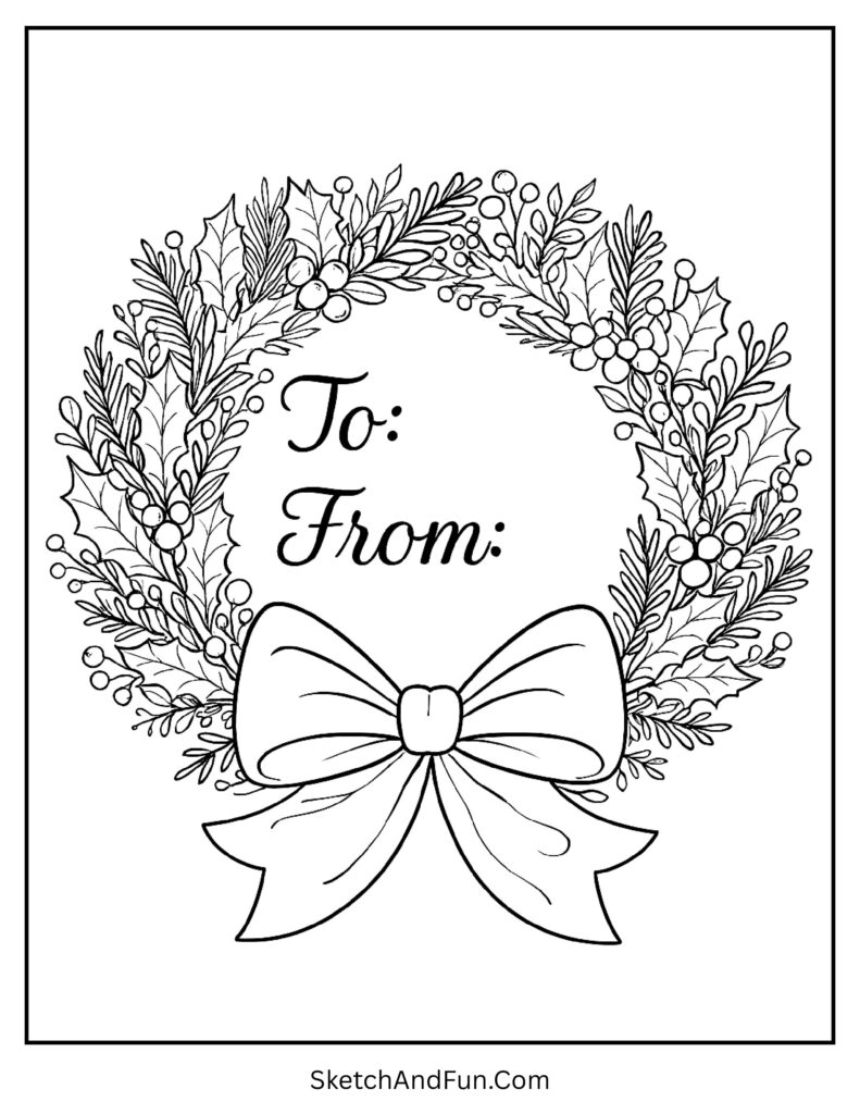 Christmas gift tag worksheets to colour shaped like a festive wreath.