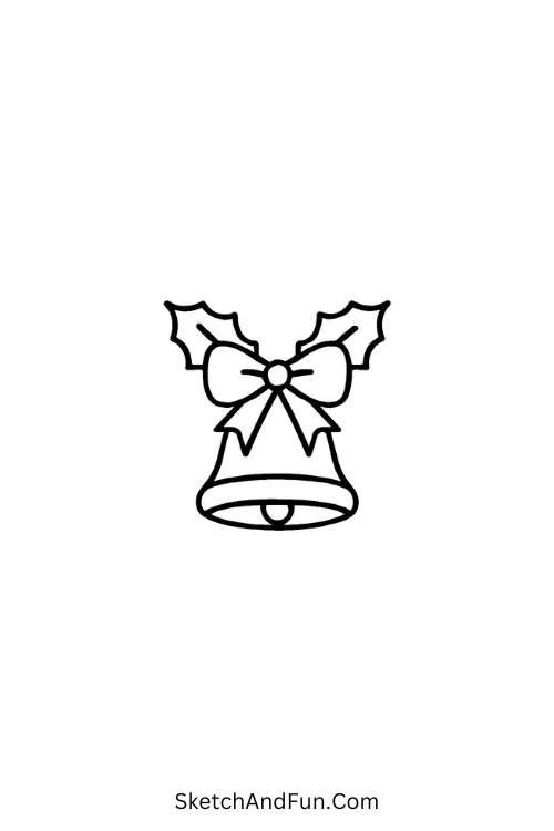 Christmas bell drawing with a shiny gold bell tied with a red ribbon and holly.