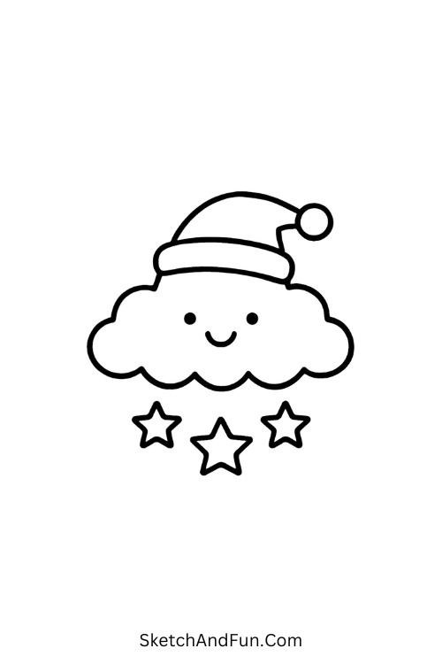 Smiling cloud snowing stars, cute and creative for cartoon Christmas art.