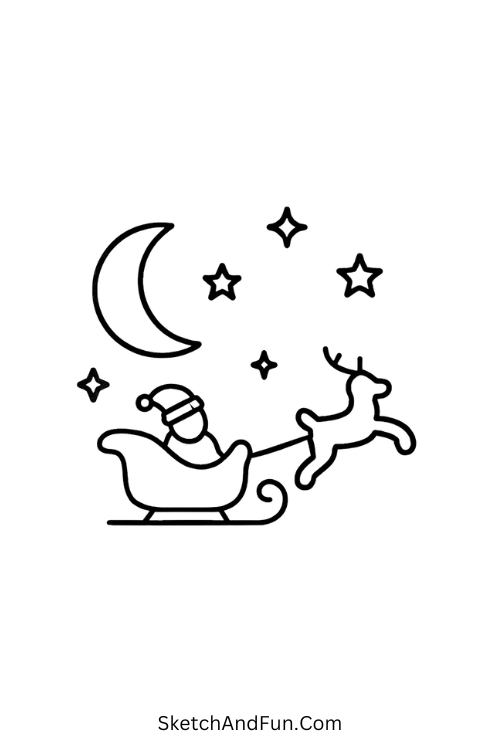 Starry sky with Santa’s sleigh, magical and bright for winter drawing ideas.
