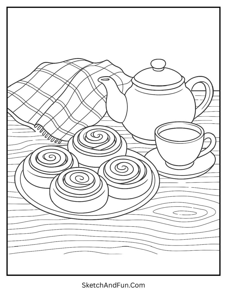 Cinnamon rolls and tea in cozy coloring pages printable activity sheet