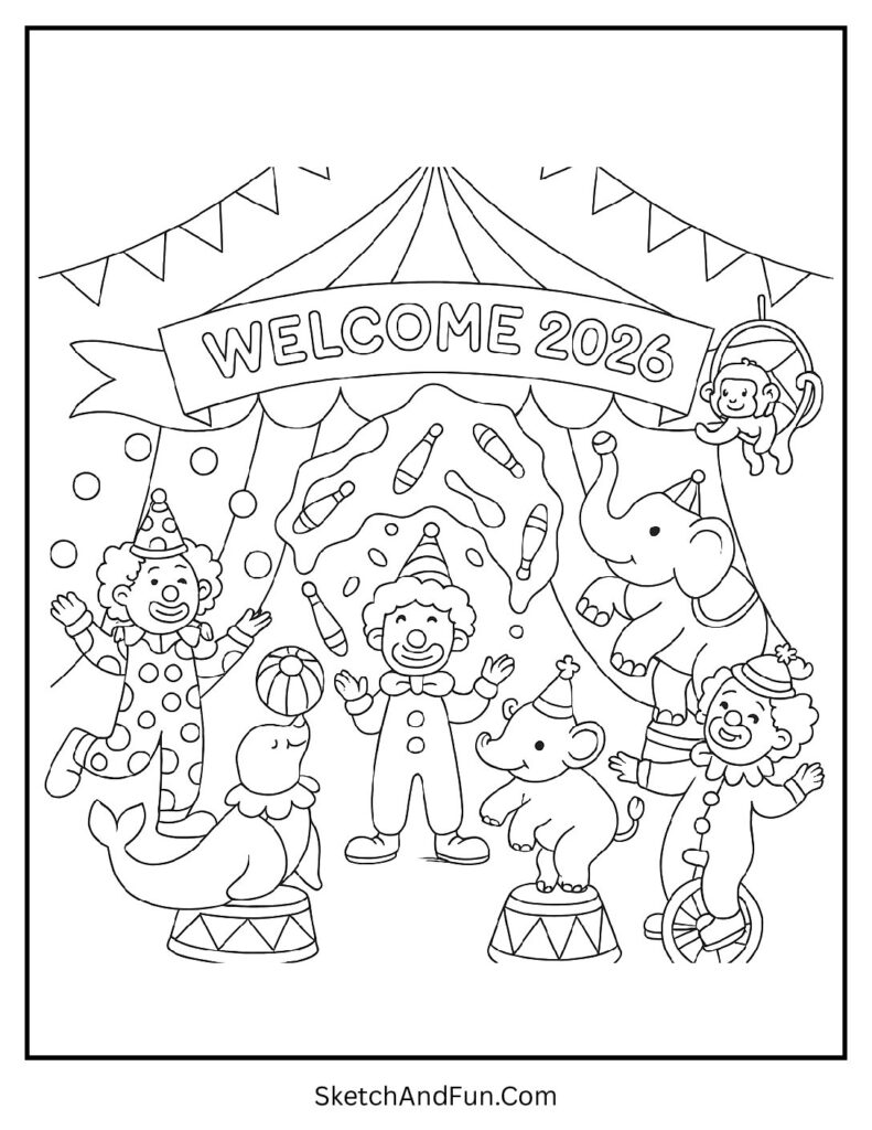 Circus clowns and lights – new year resolution colouring page pdf free