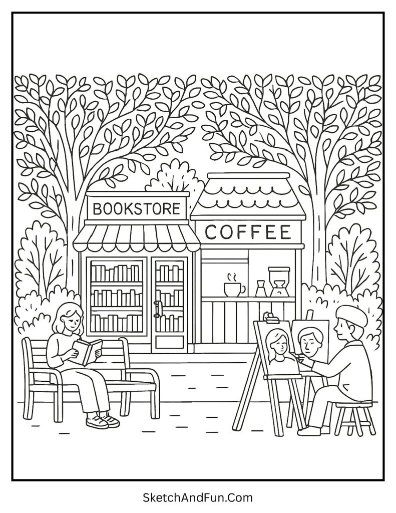 City bookstore with trees and coffee stand for storefront coloring pages for kids.