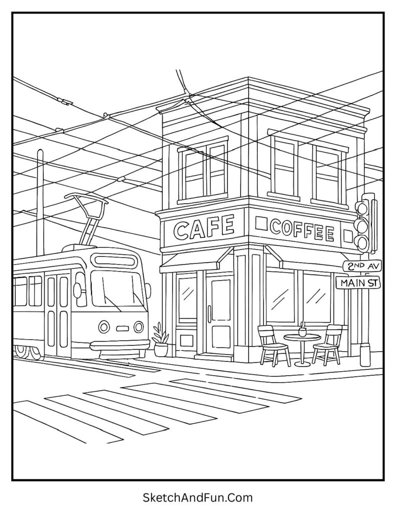 City café coloring page with tram, crosswalk, and street details