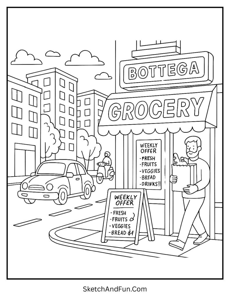 Grocery store coloring page with traffic, shop sign, and city street scene