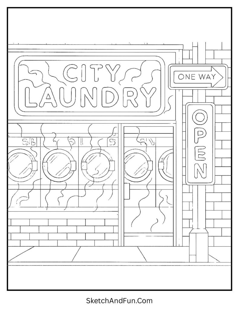 City laundry shop coloring page with neon lights and street reflections