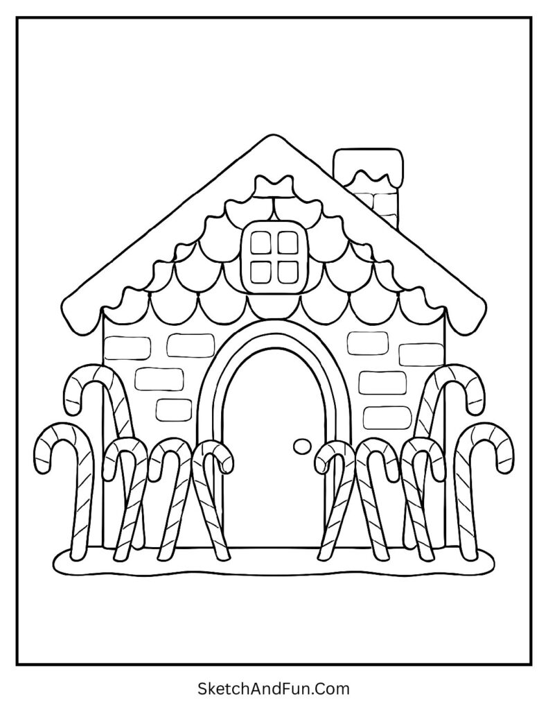 Classic gingerbread house coloring page with candy canes lined at the doorway for kids to enjoy.
