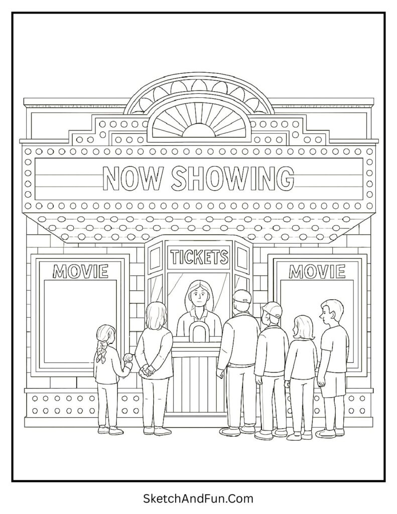 Classic movie theater with marquee lights for architectural storefront coloring pages.