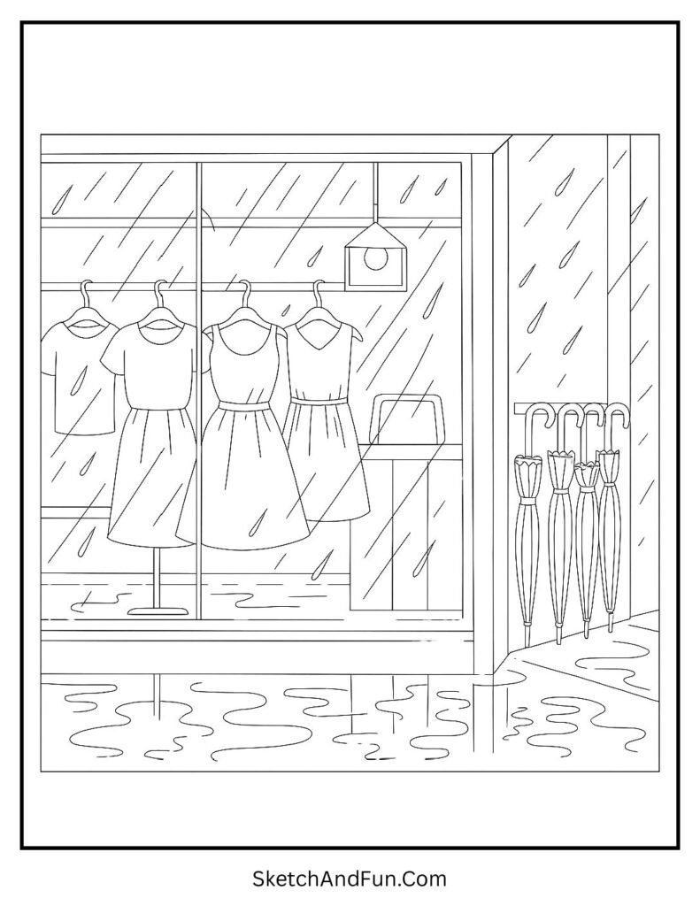 Cozy clothing boutique glowing in rain with umbrellas by the door