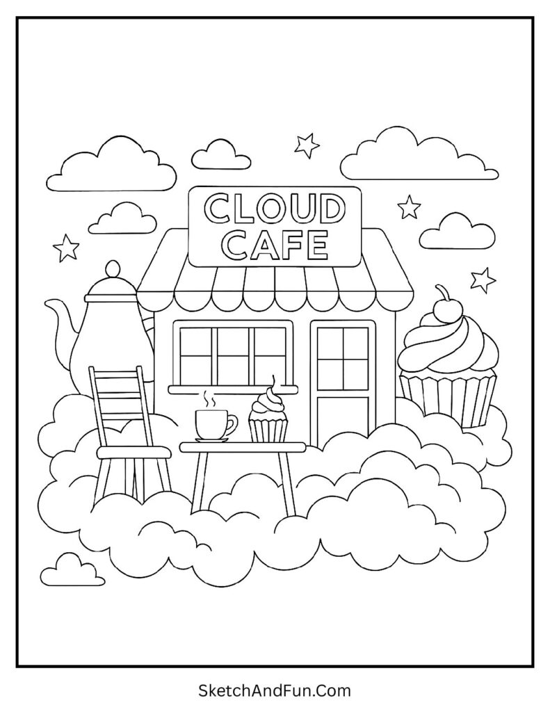 Floating café in the sky for aesthetic coloring pages subscription access.