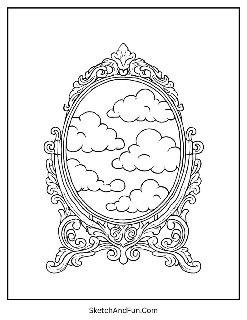 Cloud reflection in vintage mirror for minimalist aesthetic coloring pages.