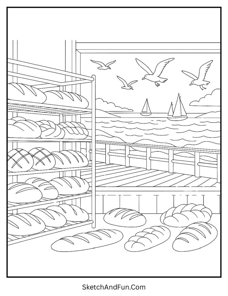 Coastal bakery coloring page with sea view, seagulls, and boardwalk