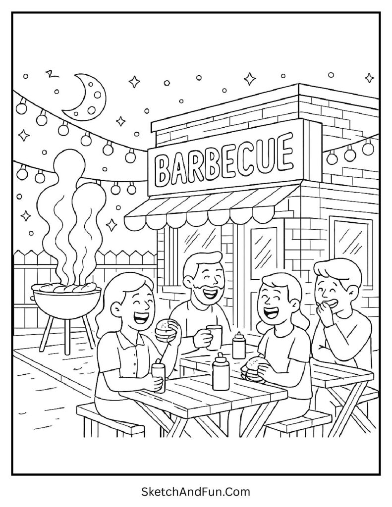 Barbecue restaurant at night coloring page with string lights and grill smoke