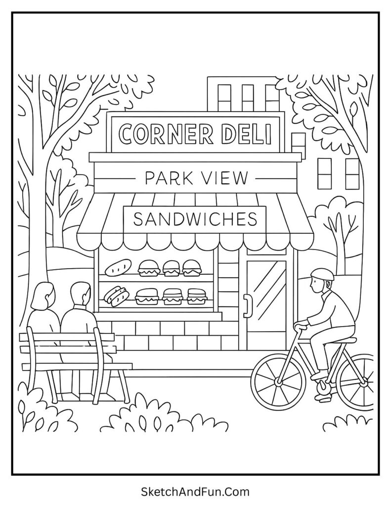 Corner deli with park and cyclist for storefront coloring sheet free download.