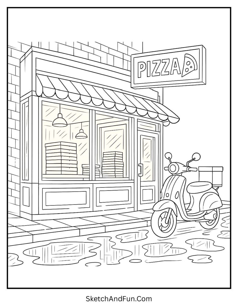 Corner pizza shop glowing at night for charming storefront coloring printable.