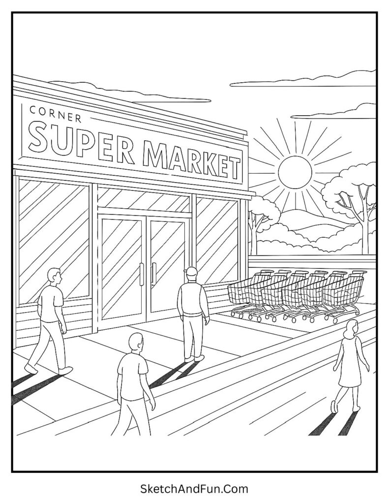 Corner supermarket at sunset with warm windows and shoppers outside