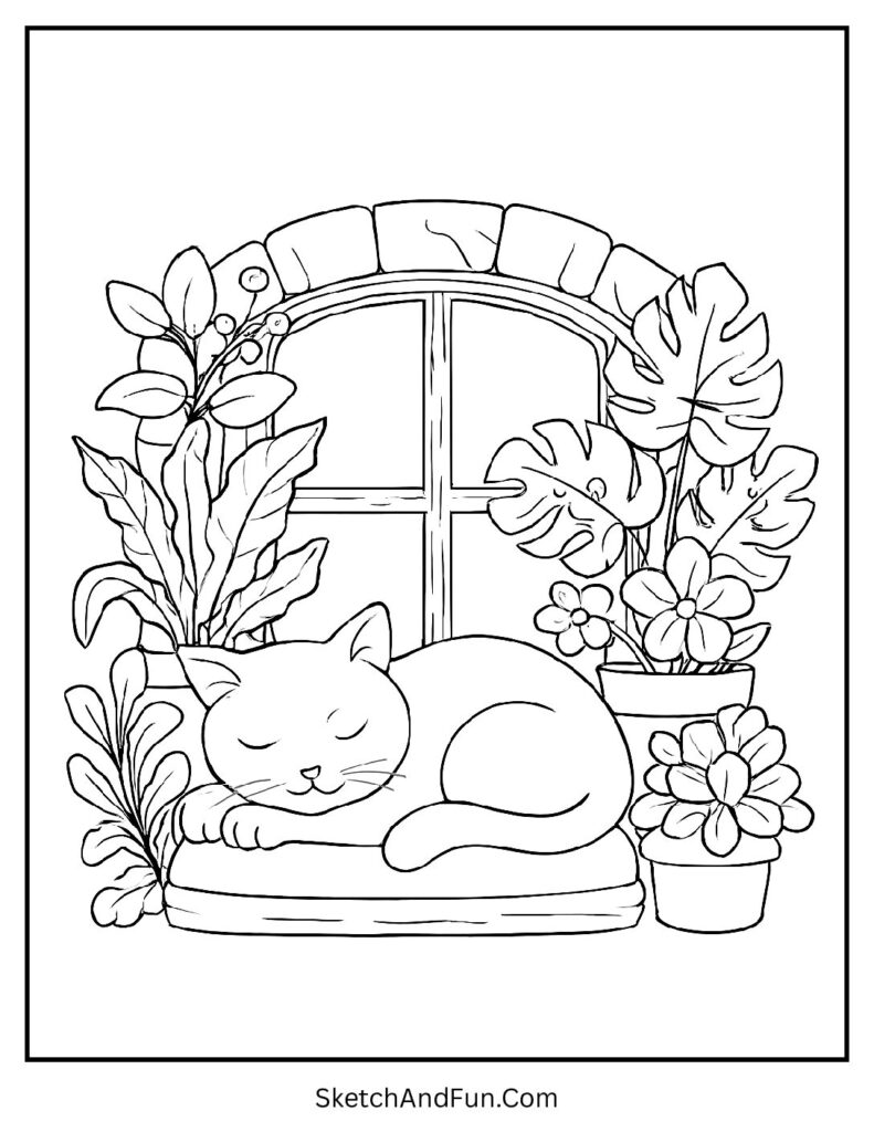 Cat resting by window plants for aesthetic coloring pages party theme.
