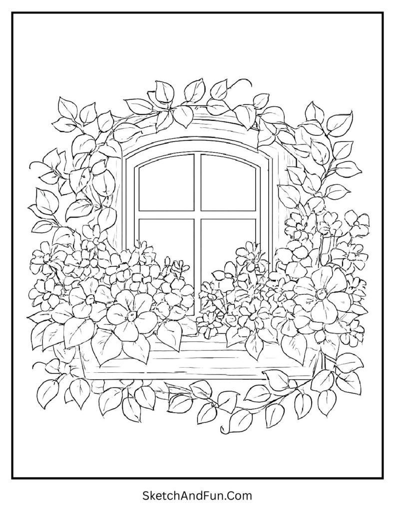 Floral cottage window scene for aesthetic coloring pages simple.