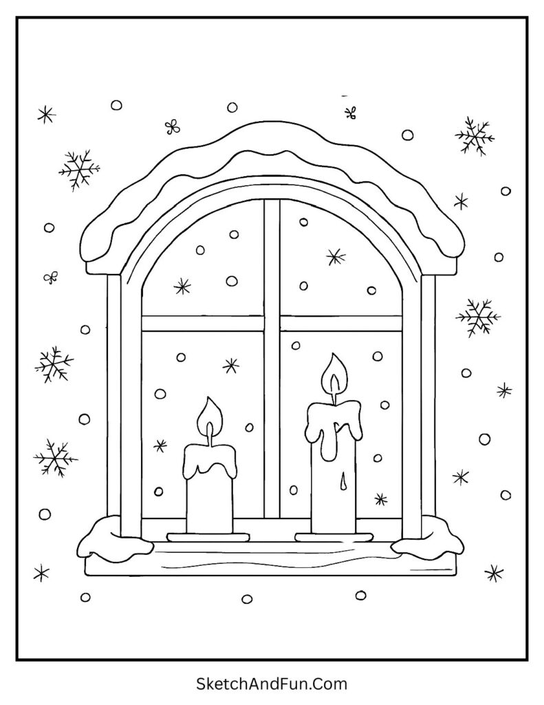 Cottage window with candles from cozy coloring pages coloring book companion