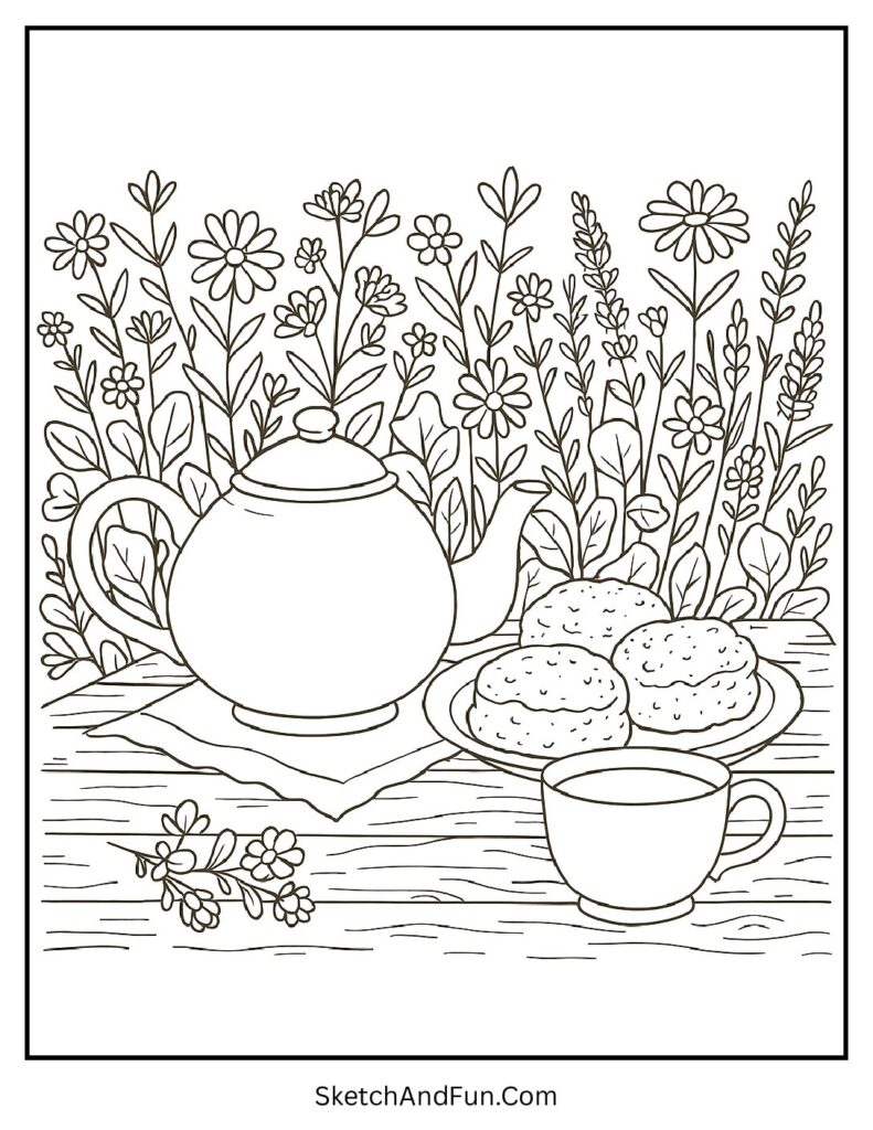 Rustic tea table with scones and wildflowers for aesthetic coloring pages for mindfulness.