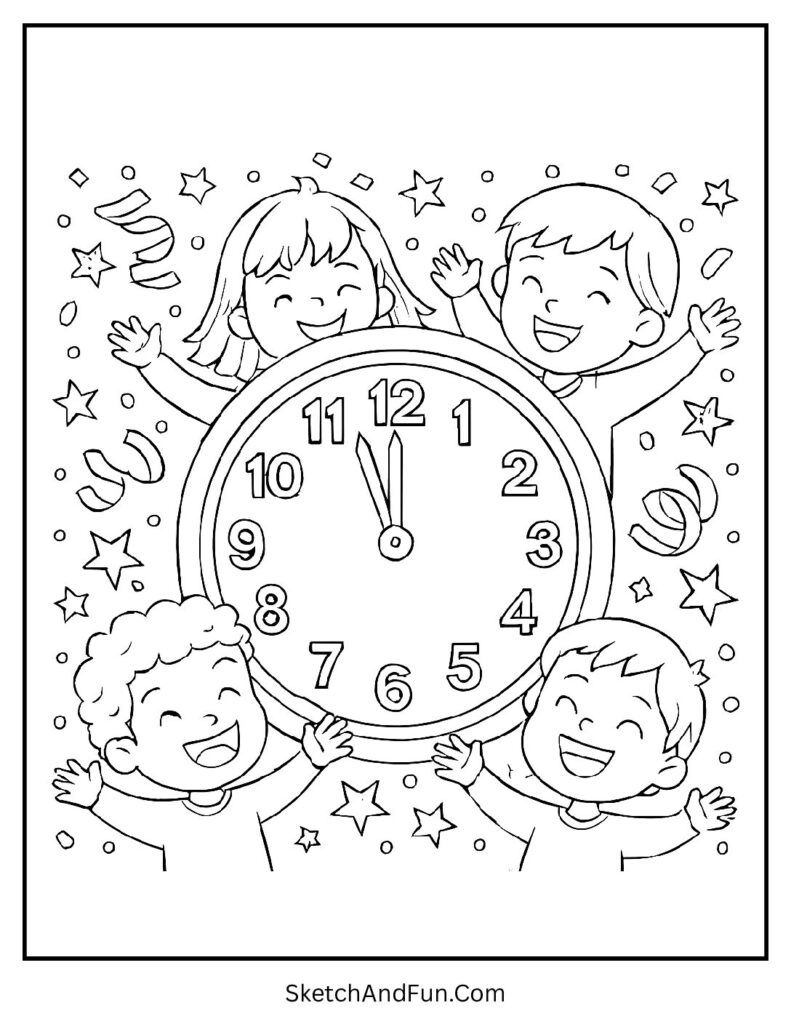 Countdown clock before midnight – new year coloring sheet printable
