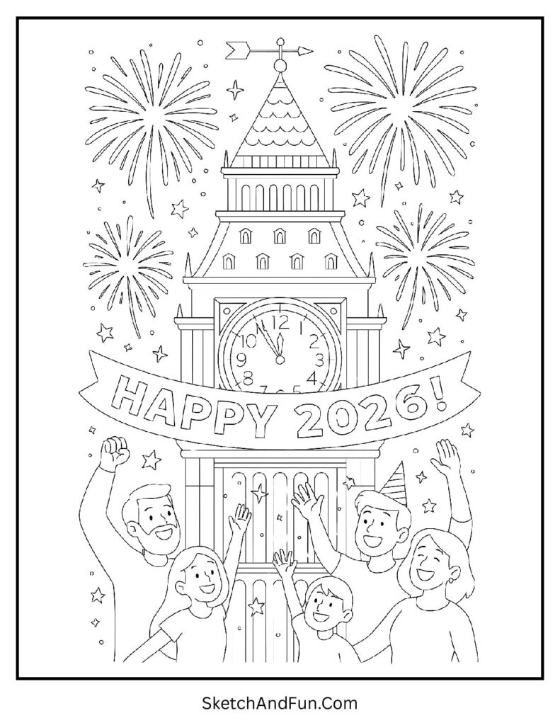 Tower clock at midnight – new year party coloring sheet free