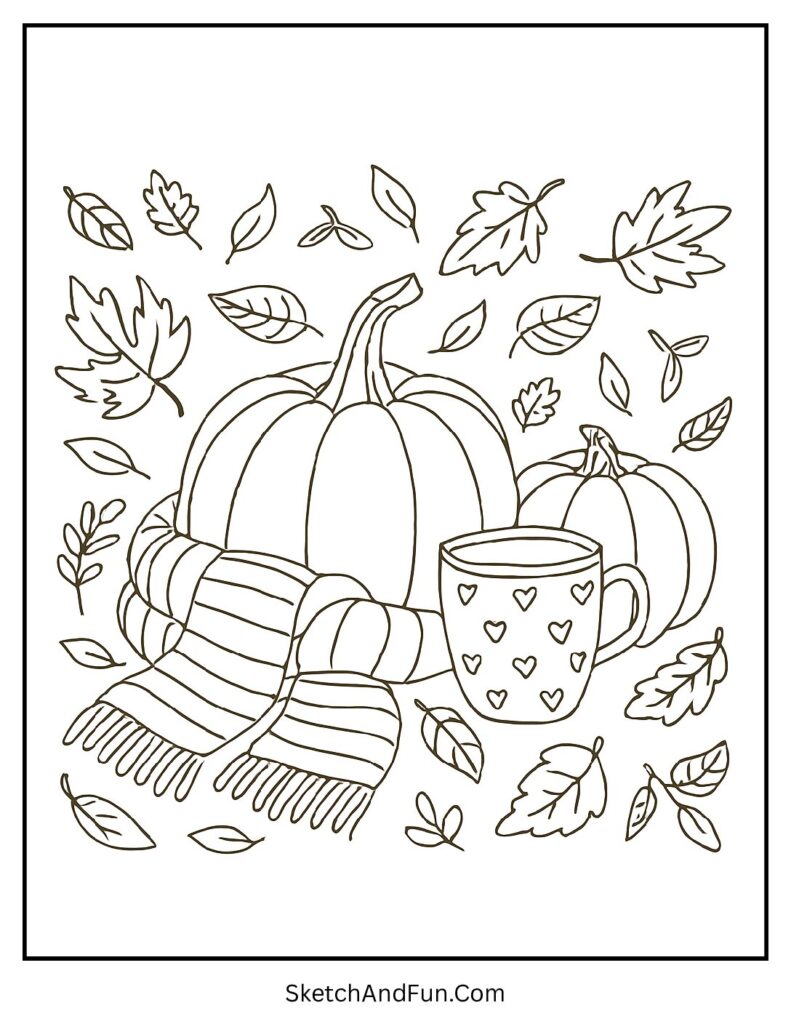 Autumn scene with pumpkins and scarves for aesthetic coloring pages winter theme.