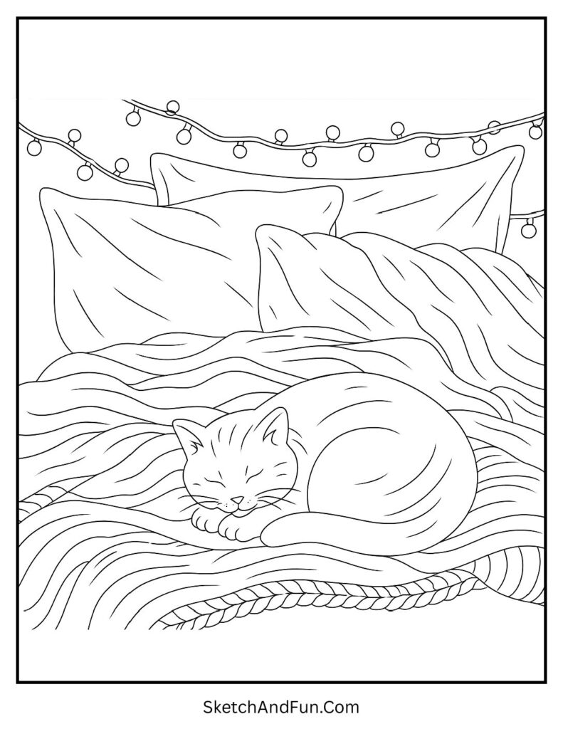 Soft bed with fairy lights and cat for aesthetic coloring sheet pdf.