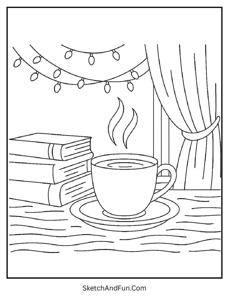 Cozy coffee setup with books and lights for aesthetic coloring pages pdf.