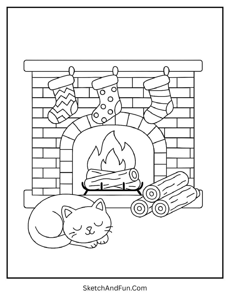 Fireplace with stockings and cat for winter holiday scenes coloring pages.