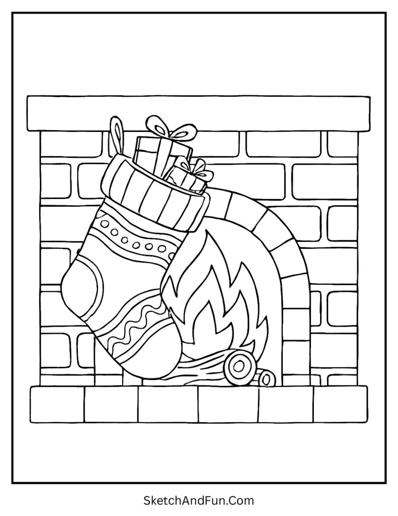 Cozy Fireplace Stocking – Christmas stocking coloring outline showing a warm fireplace scene.