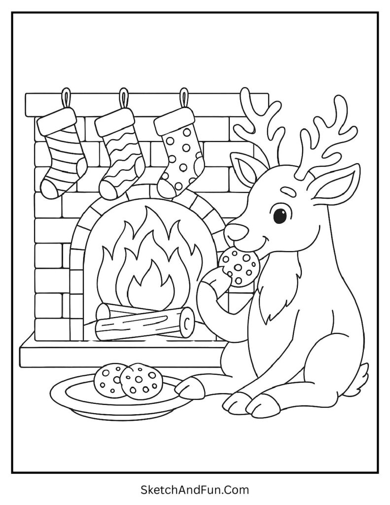 Reindeer by fireplace eating cookies – reindeer coloring pages printable