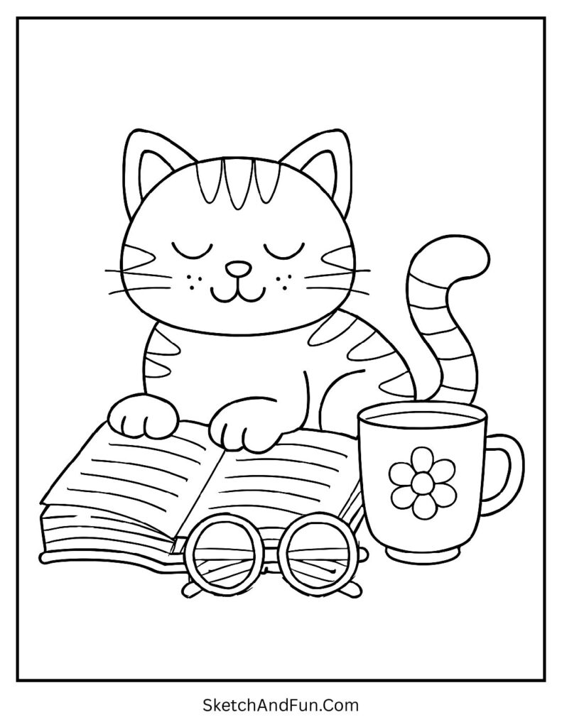 Reading cat beside mug in cozy coloring pages gift for coloring lovers